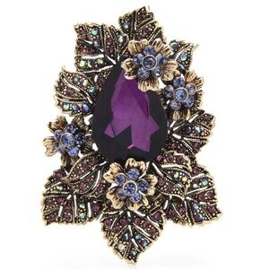 Vintage Floral Leaf Brooch – Purple Gem Statement Pin – Antique-Style Gift